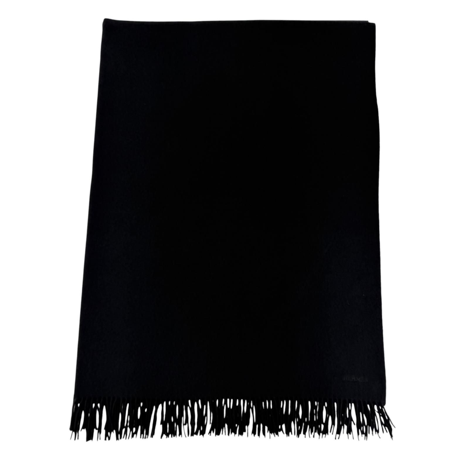 Hermes Cashmere Wool Logo Embroidery with Fringe Extra Large Shawl Scarf Black