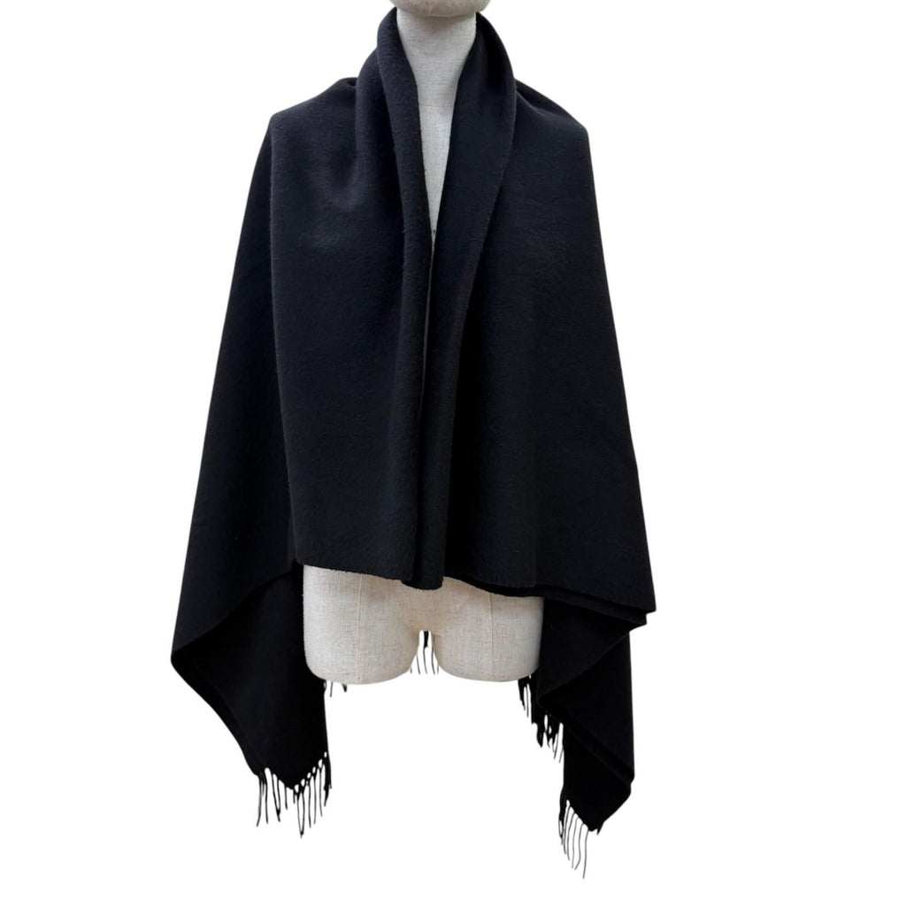 Hermes Cashmere Wool Logo Embroidery with Fringe Extra Large Shawl Scarf Black — view 3