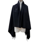 Hermes Cashmere Wool Logo Embroidery with Fringe Extra Large Shawl Scarf Black — view 3