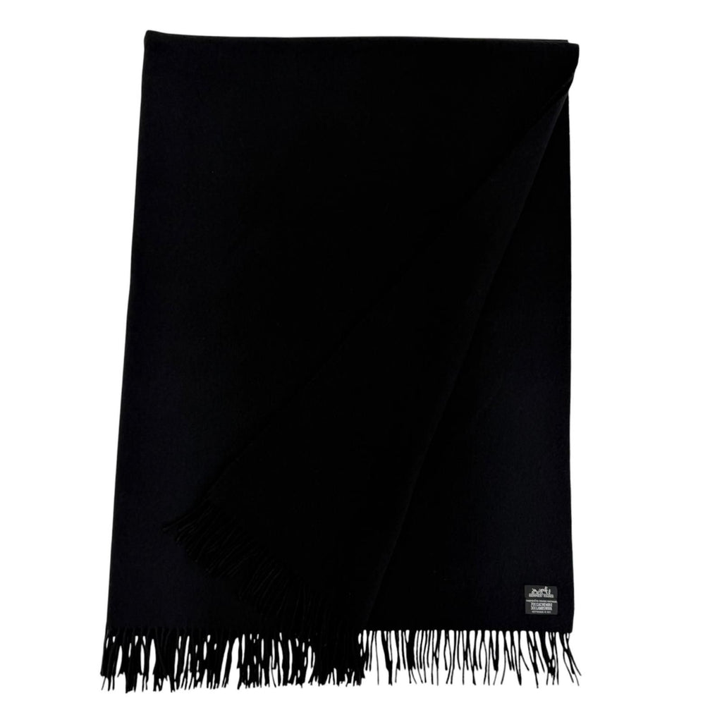 Hermes Cashmere Wool Logo Embroidery with Fringe Extra Large Shawl Scarf Black — view 2