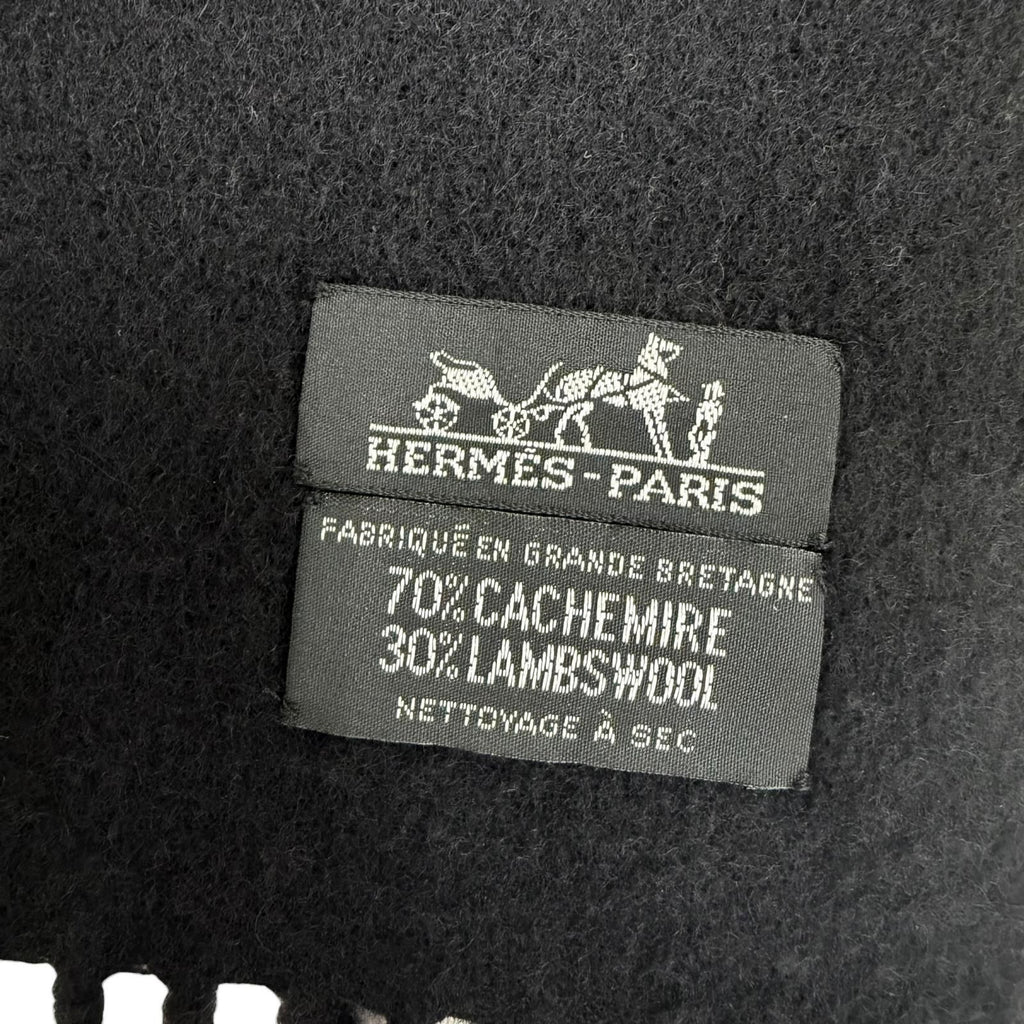 Hermes Cashmere Wool Logo Embroidery with Fringe Extra Large Shawl Scarf Black — view 8