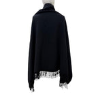 Hermes Cashmere Wool Logo Embroidery with Fringe Extra Large Shawl Scarf Black — view 5