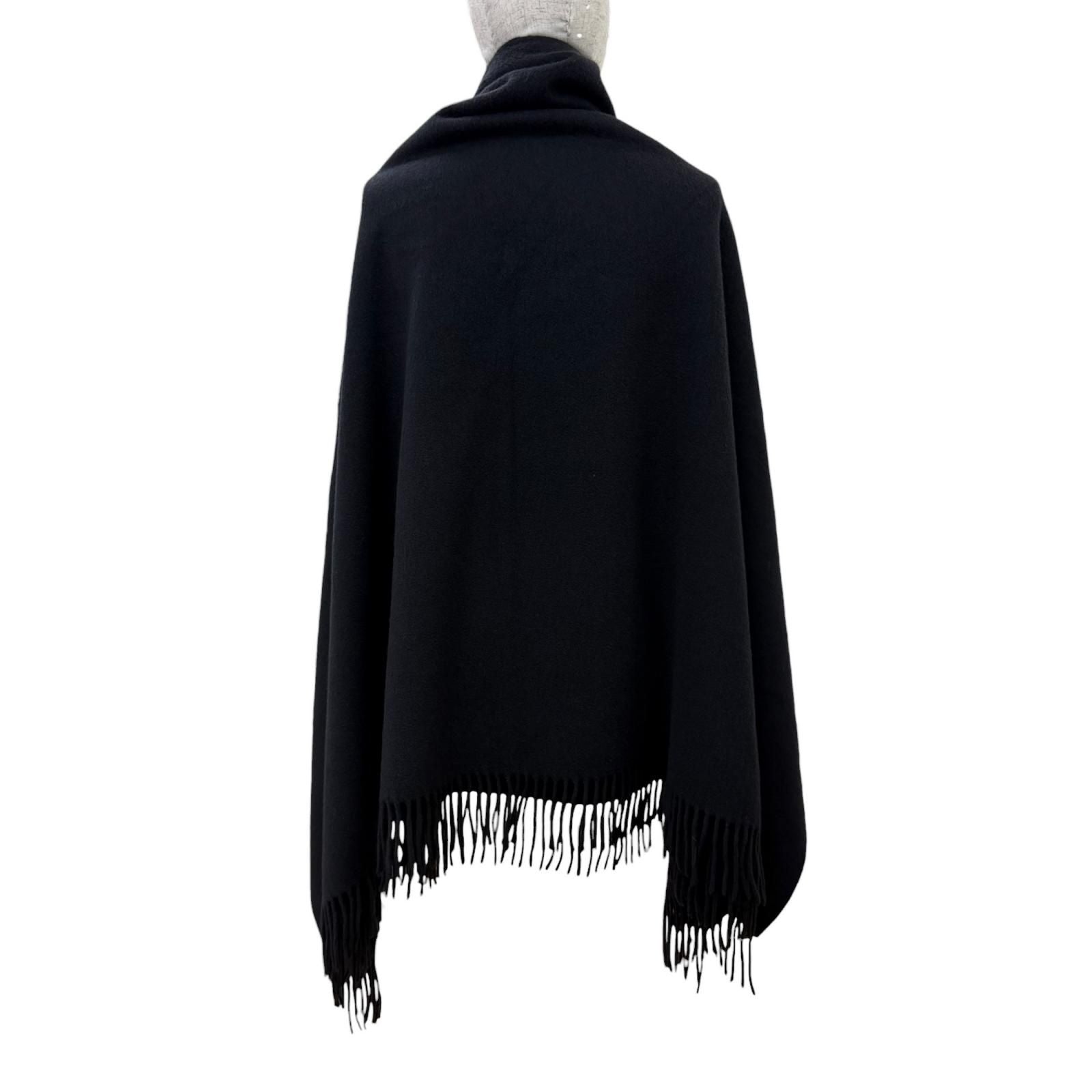 Hermes Cashmere Wool Logo Embroidery with Fringe Extra Large Shawl Scarf Black — view 5