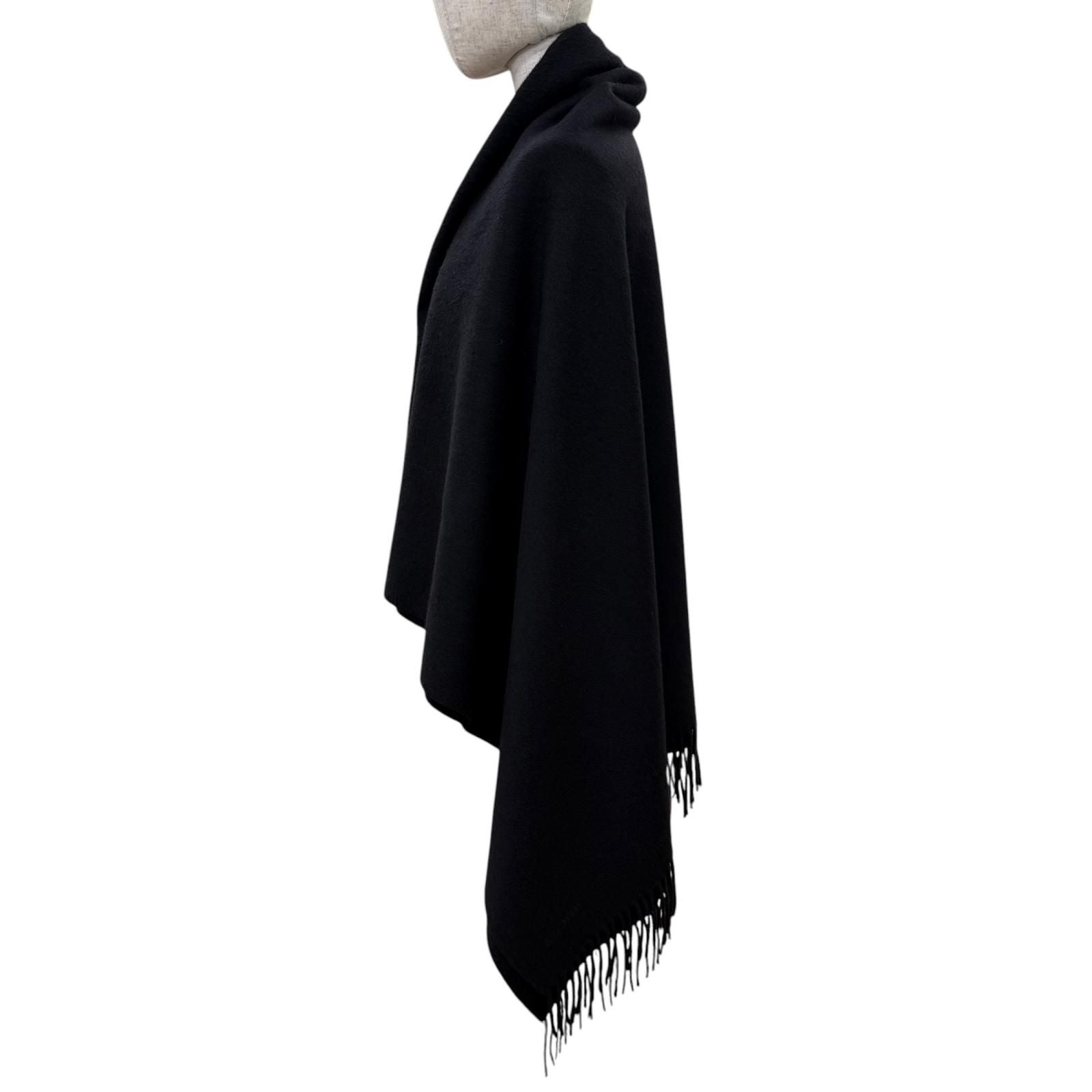 Hermes Cashmere Wool Logo Embroidery with Fringe Extra Large Shawl Scarf Black — view 4