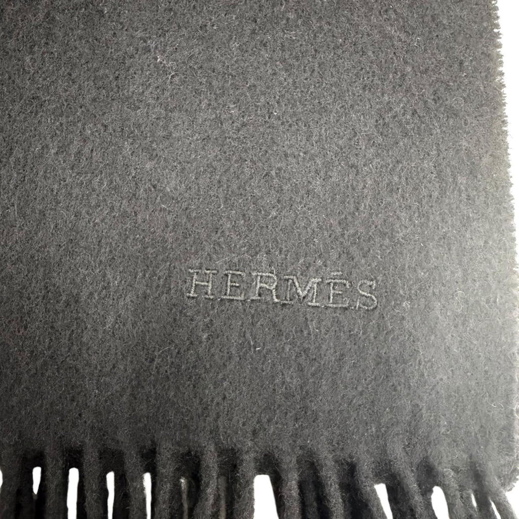 Hermes Cashmere Wool Logo Embroidery with Fringe Extra Large Shawl Scarf Black — view 6