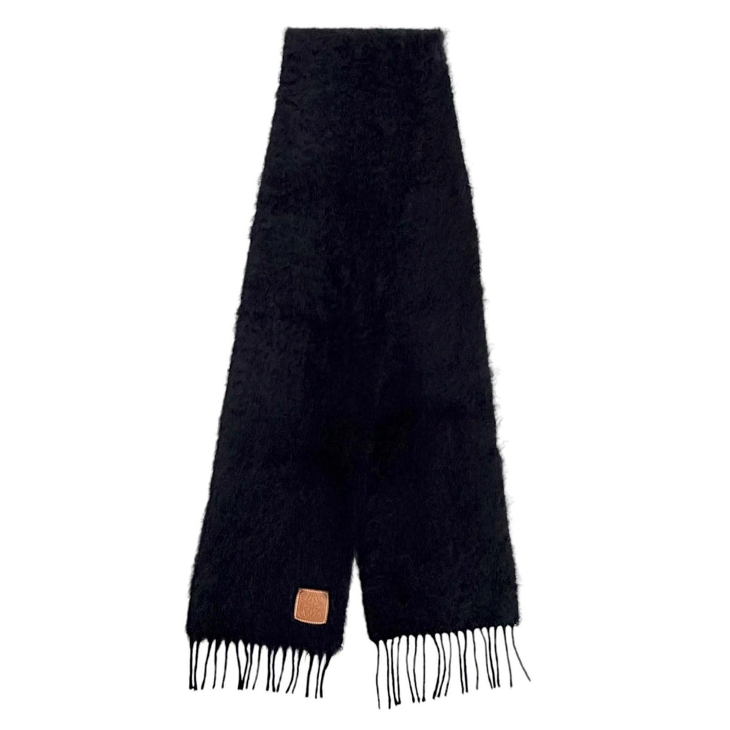 Loewe Mohair Wool Anag Lambskin Patch Fringe Long Scarf Black — view 3