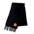 Loewe Mohair Wool Anag Lambskin Patch Fringe Long Scarf Black