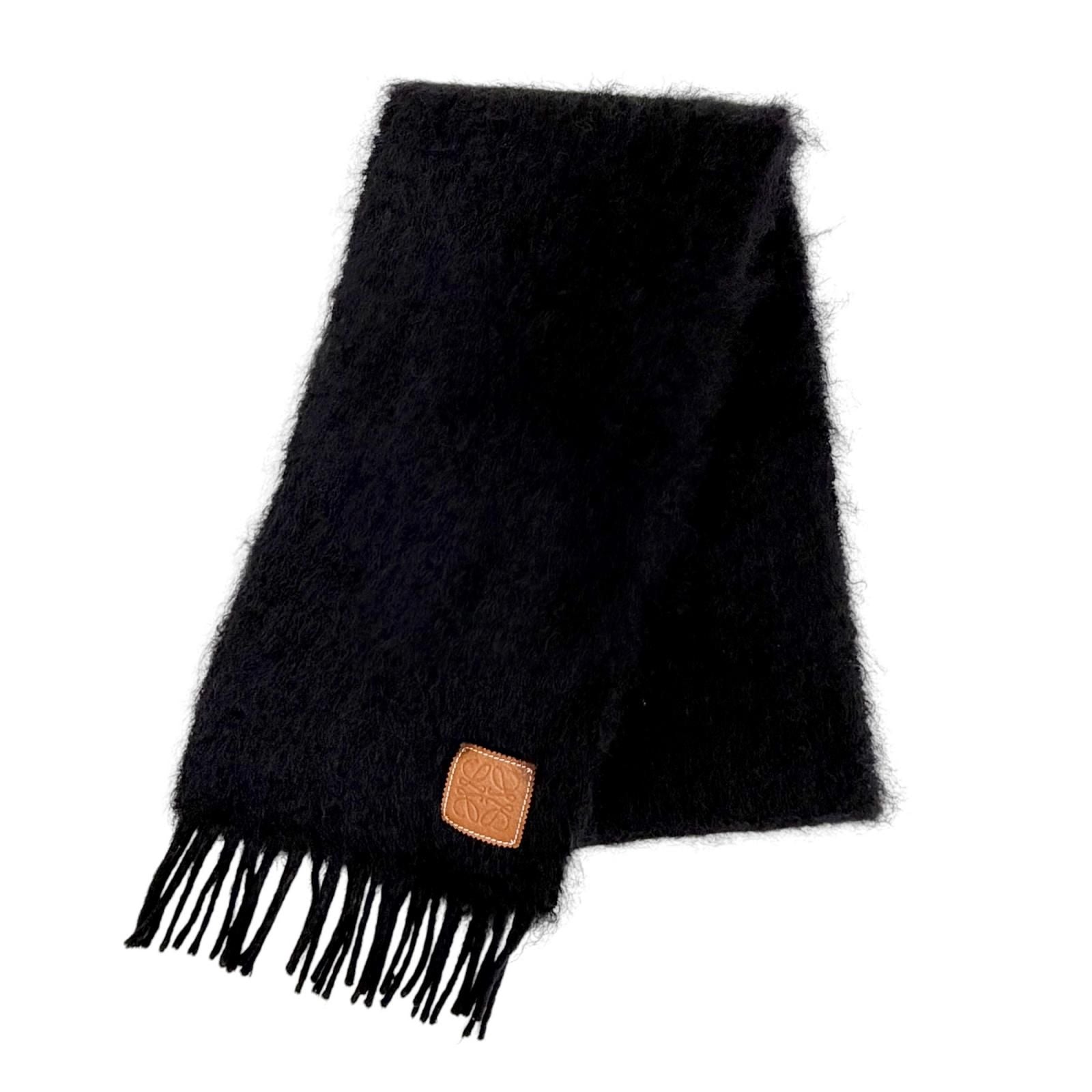 Loewe Mohair Wool Anag Lambskin Patch Fringe Long Scarf Black