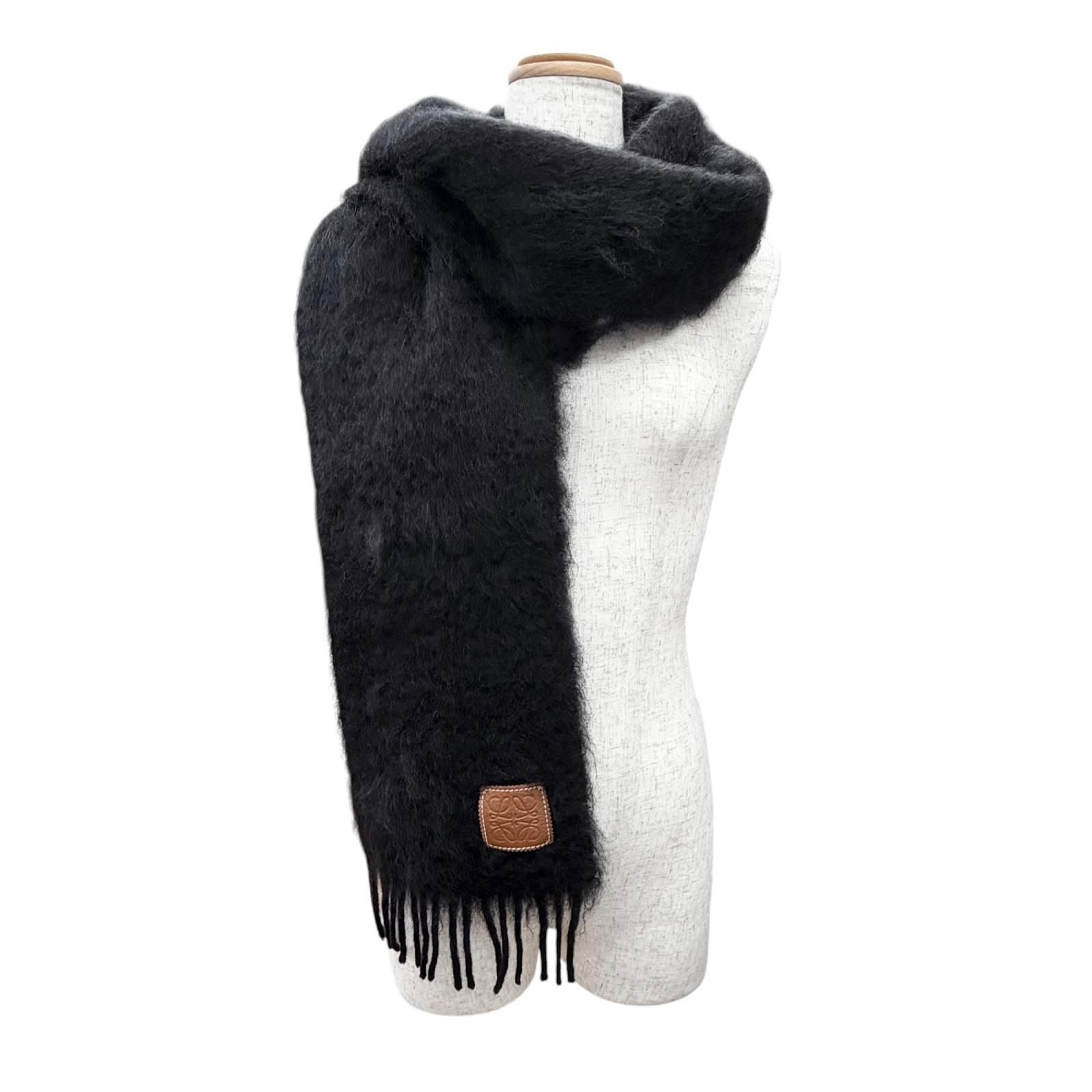 Loewe Mohair Wool Anag Lambskin Patch Fringe Long Scarf Black — view 2