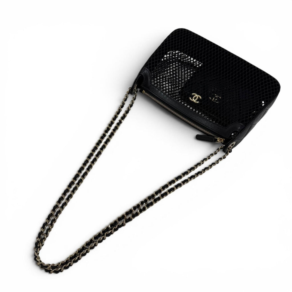 Chanel CC Logo Pouch Leather Replacement Mesh Chain Shoulder Bag Black Gold — view 5