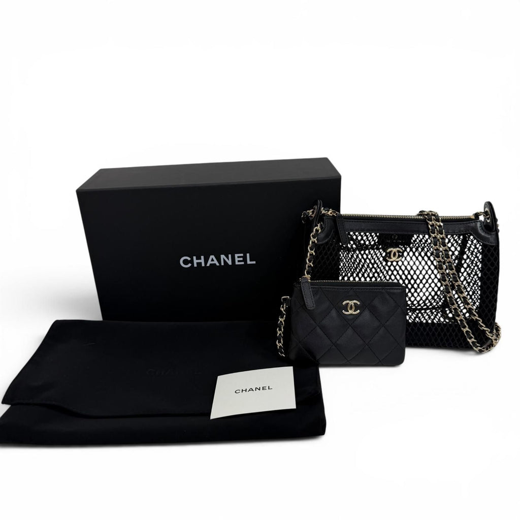 Chanel CC Logo Pouch Leather Replacement Mesh Chain Shoulder Bag Black Gold — view 2