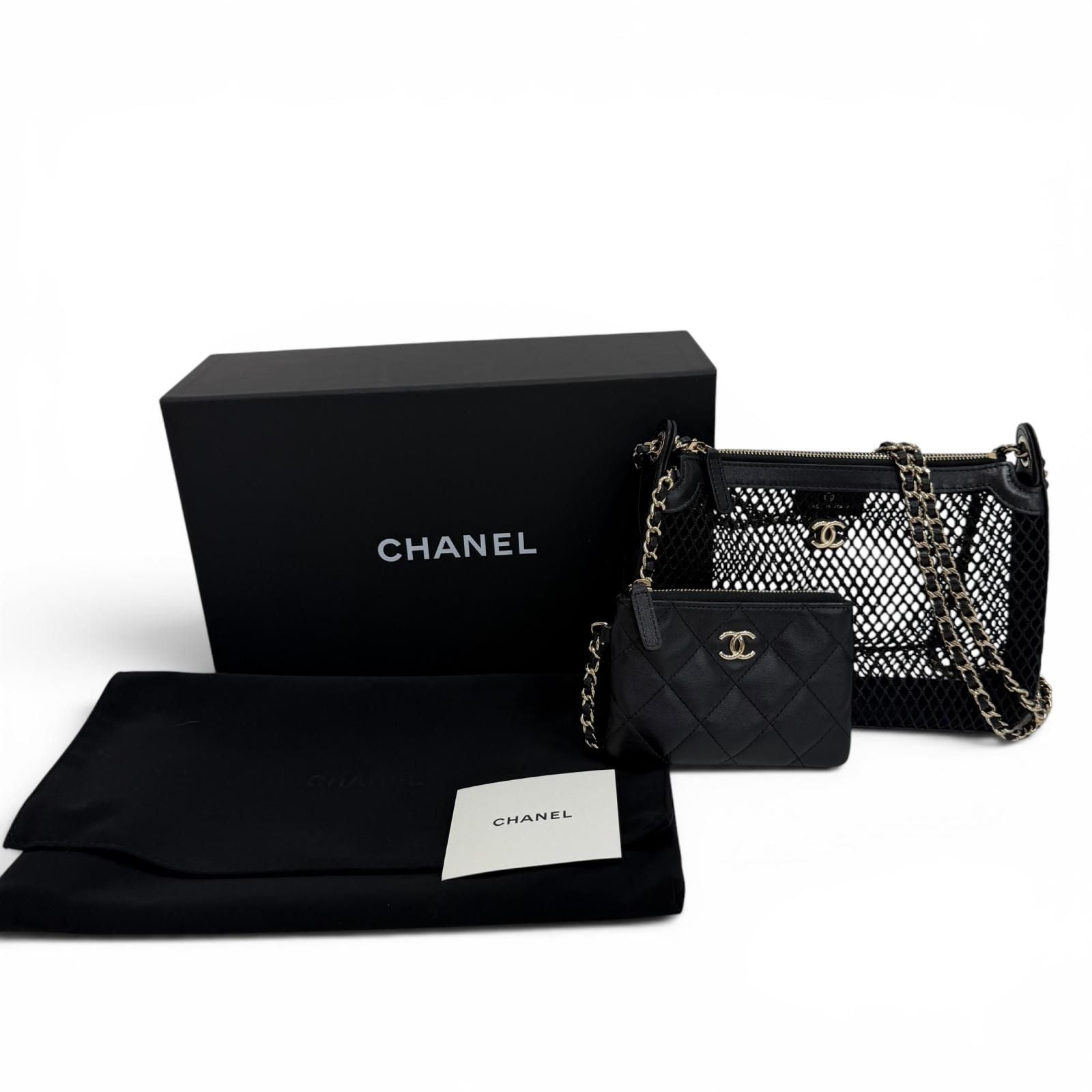 Chanel CC Logo Pouch Leather Replacement Mesh Chain Shoulder Bag Black Gold — view 2