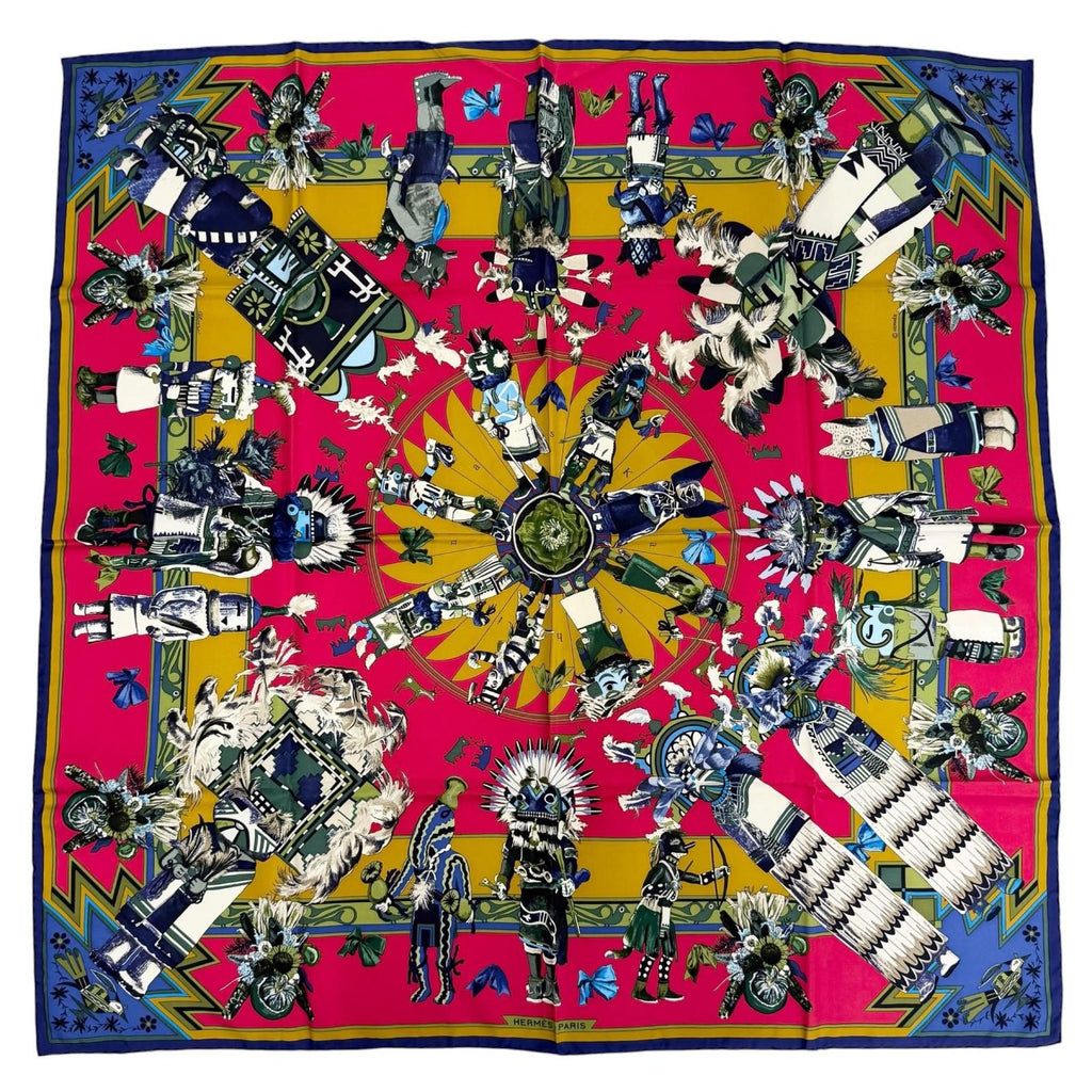 Hermes Kachina Hopi Carre 90 Silk 100% Scarf Red Navy