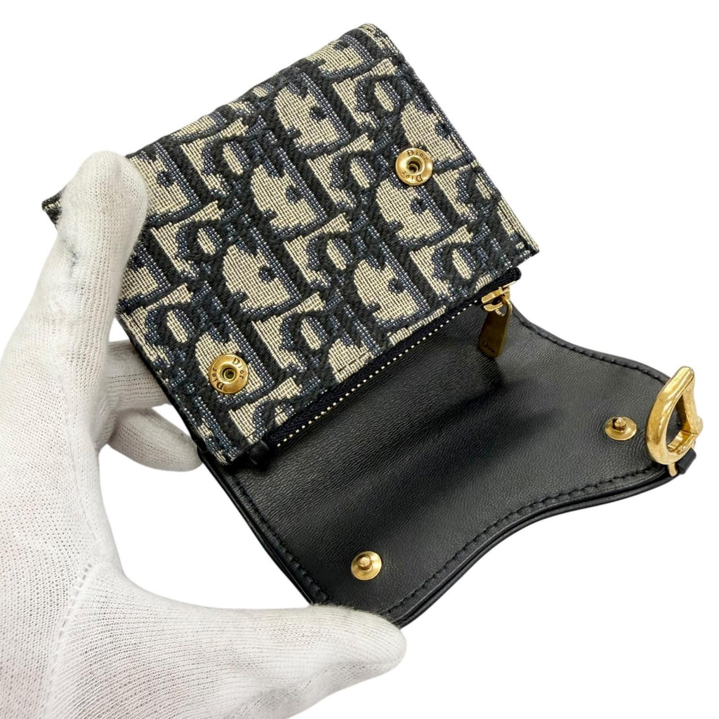 Dior Saddle Lotus Wallet Oblique Jacquard Leather Trifold Navy — view 7