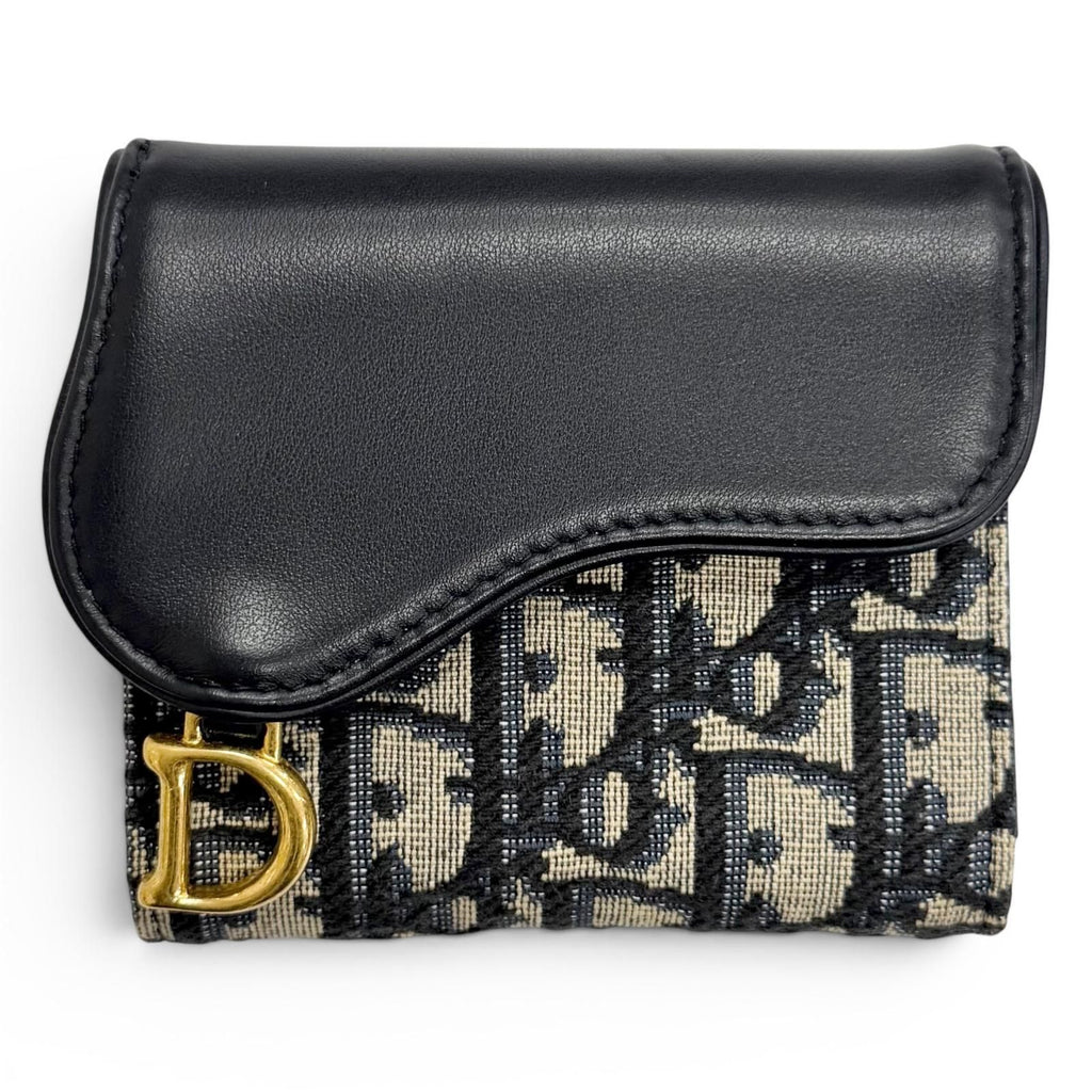 Dior Saddle Lotus Wallet Oblique Jacquard Leather Trifold Navy