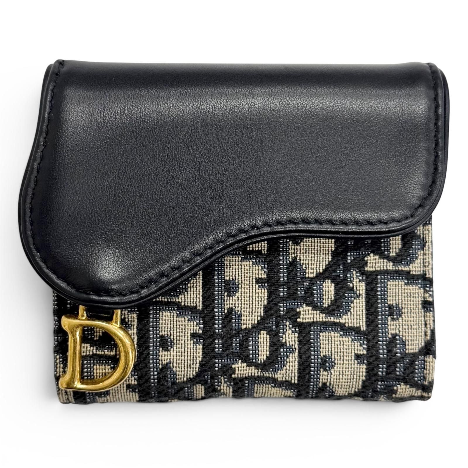 Dior Saddle Lotus Wallet Oblique Jacquard Leather Trifold Navy