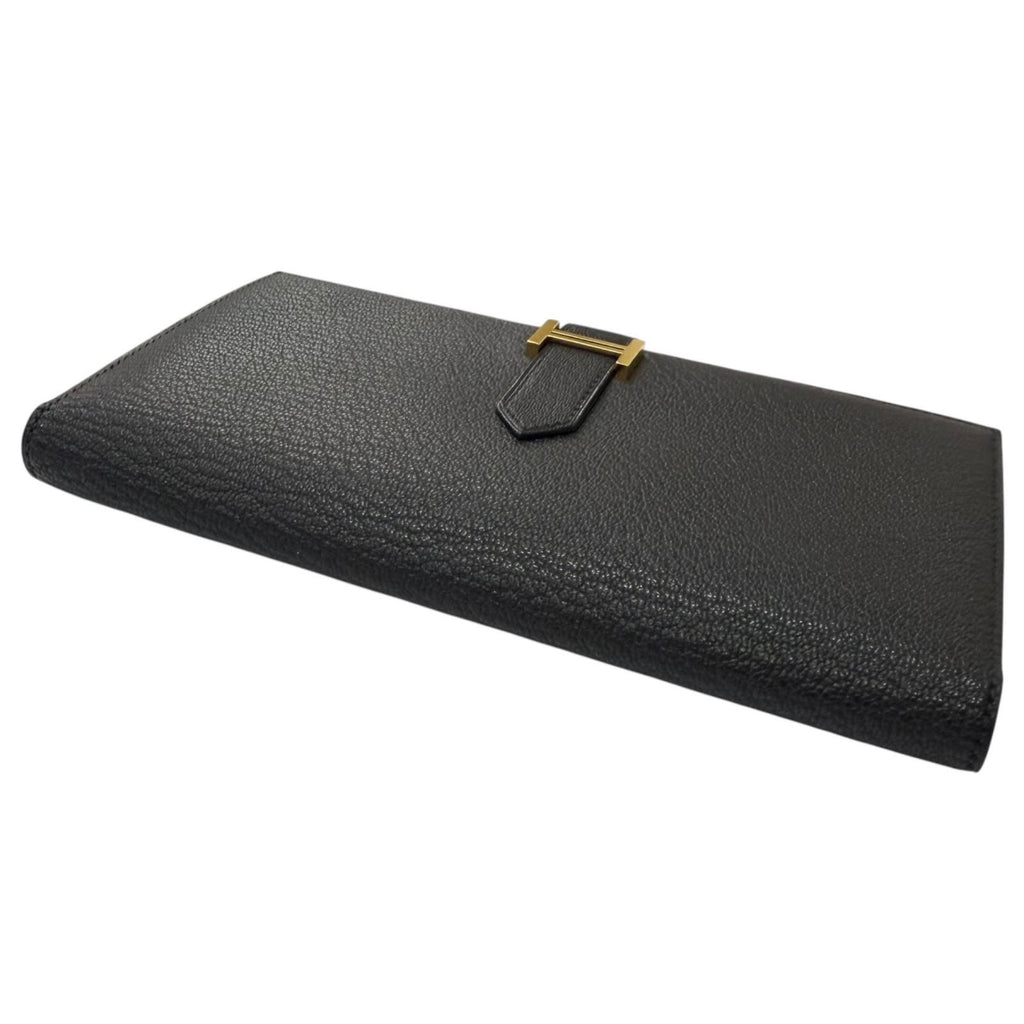 Hermes Bearn Souffle Chevre Logo Gold Wallet Leather Black — view 4