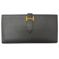 Hermes Bearn Souffle Chevre Logo Gold Wallet Leather Black