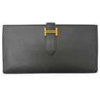Hermes Bearn Souffle Chevre Logo Gold Wallet Leather Black