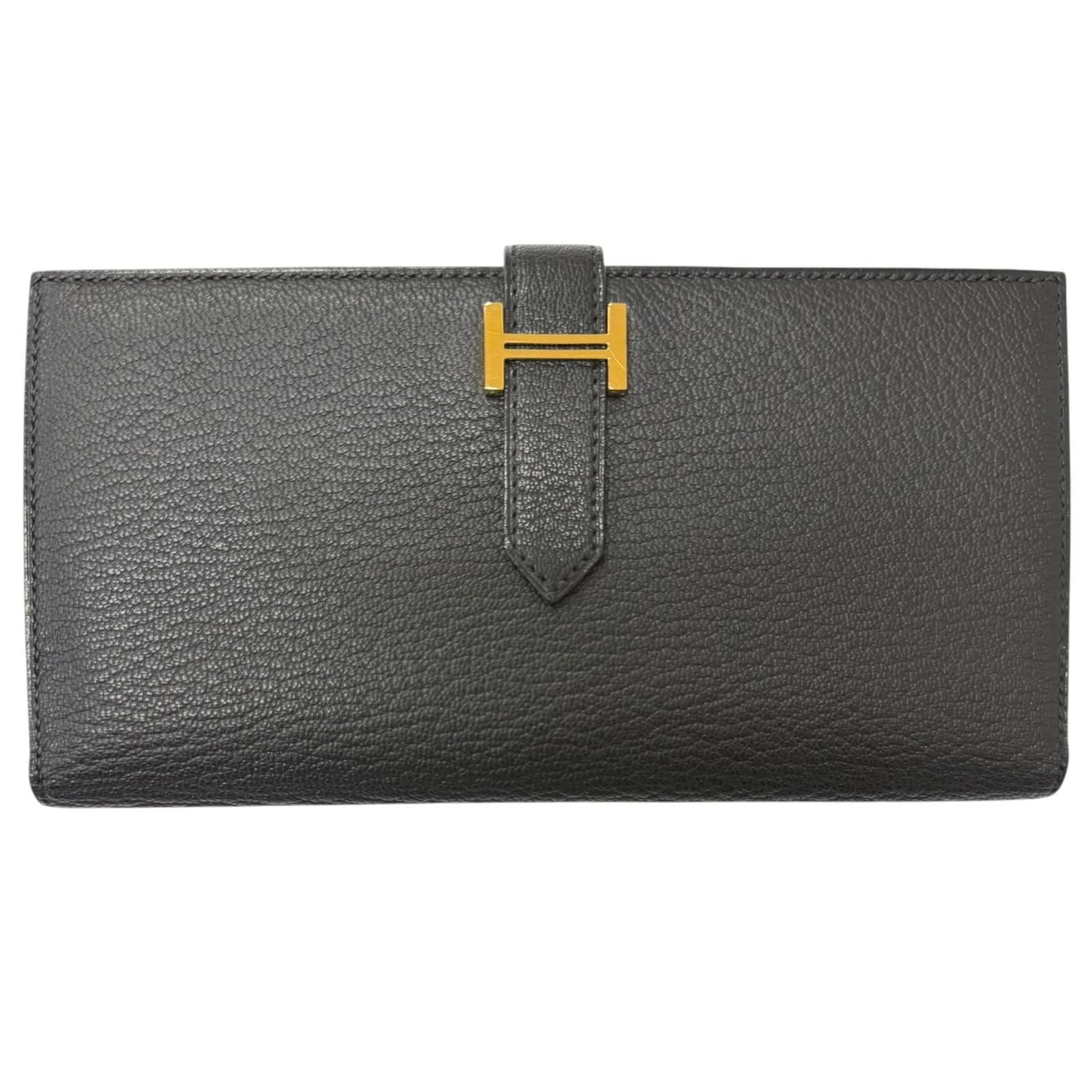 Hermes Bearn Souffle Chevre Logo Gold Wallet Leather Black