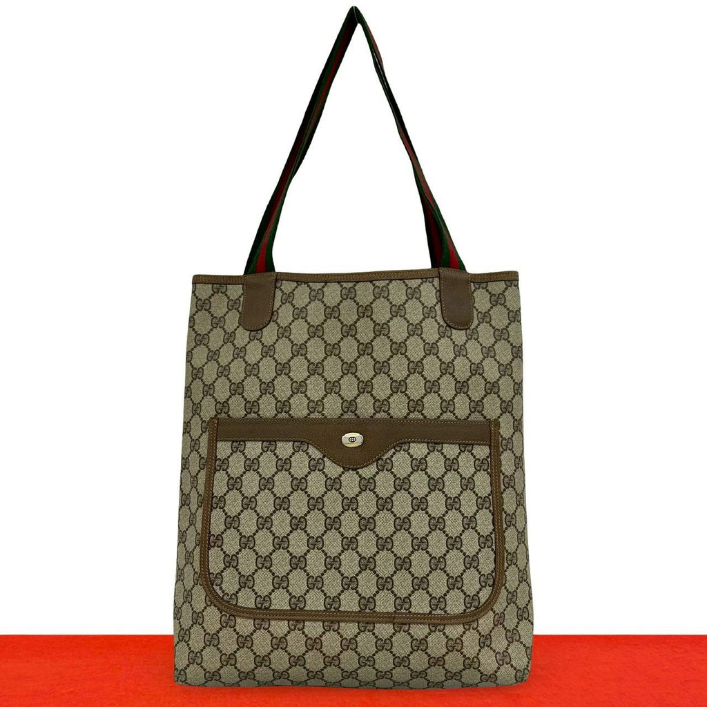 Gucci Vintage Sherry Line GG Logo Leather Tote Brown