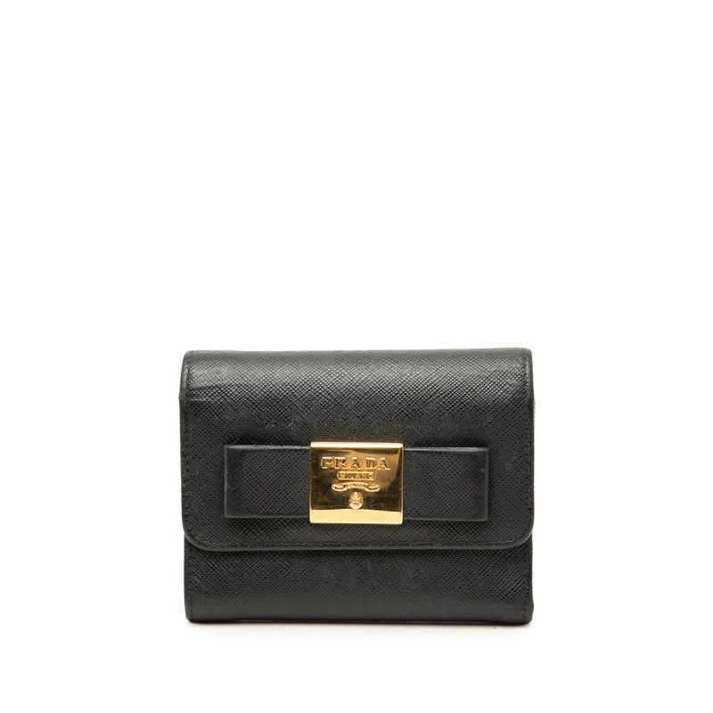 Prada Ribbon Trifold Wallet Black Saffiano Leather