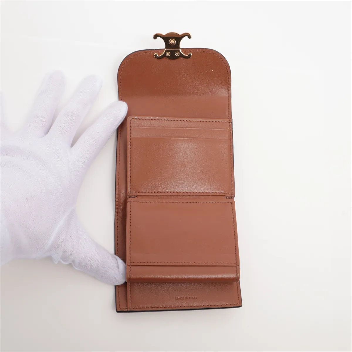 Celine Triomphe Small Flap Wallet Leather Trifold Brown Gold — view 5