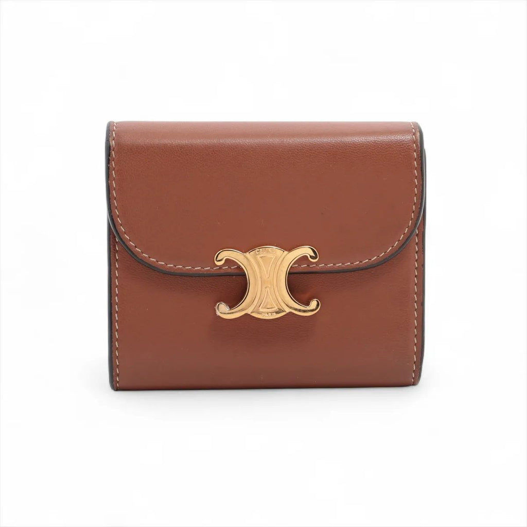 Celine Triomphe Small Flap Wallet Leather Trifold Brown Gold