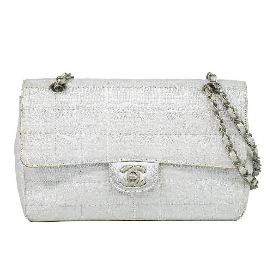Chanel New Travel Line Choco Bar Chain Shoulder Bag Canvas Pearl White
