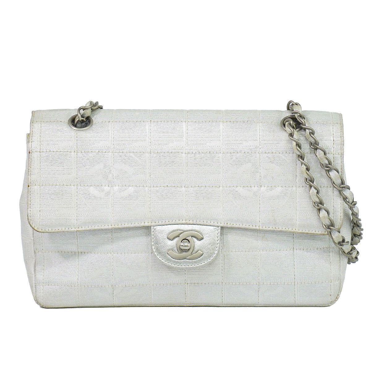 Chanel New Travel Line Choco Bar Chain Shoulder Bag Canvas Pearl White