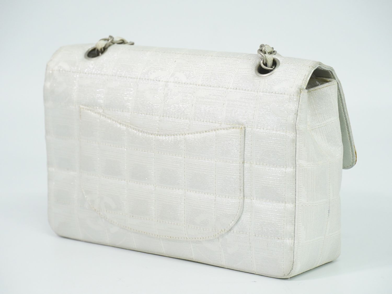 Chanel New Travel Line Choco Bar Chain Shoulder Bag Canvas Pearl White — view 2