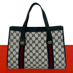 Gucci Vintage Sherry Line GG Logo Pattern Leather Tote Navy