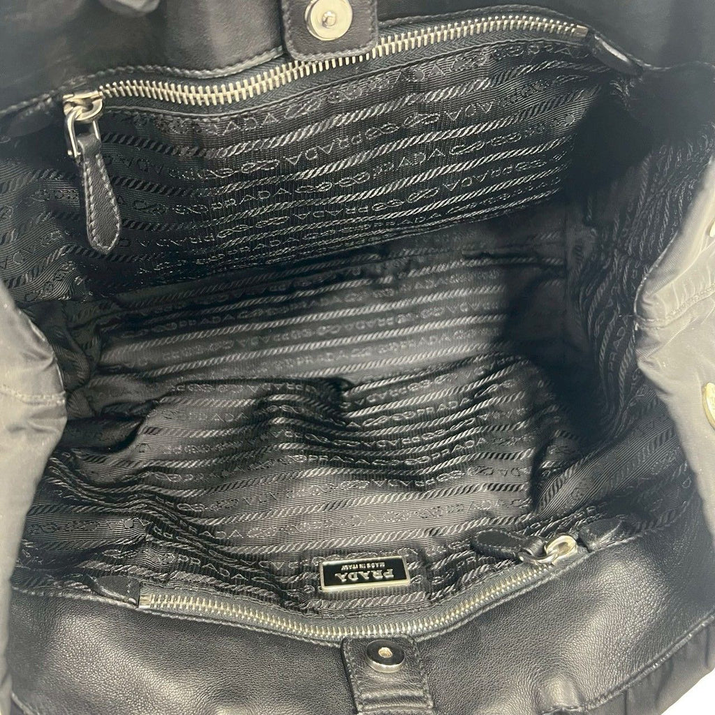 Prada Logo Tessuto Nylon Ribbon Motif Leather Tote Black — view 9