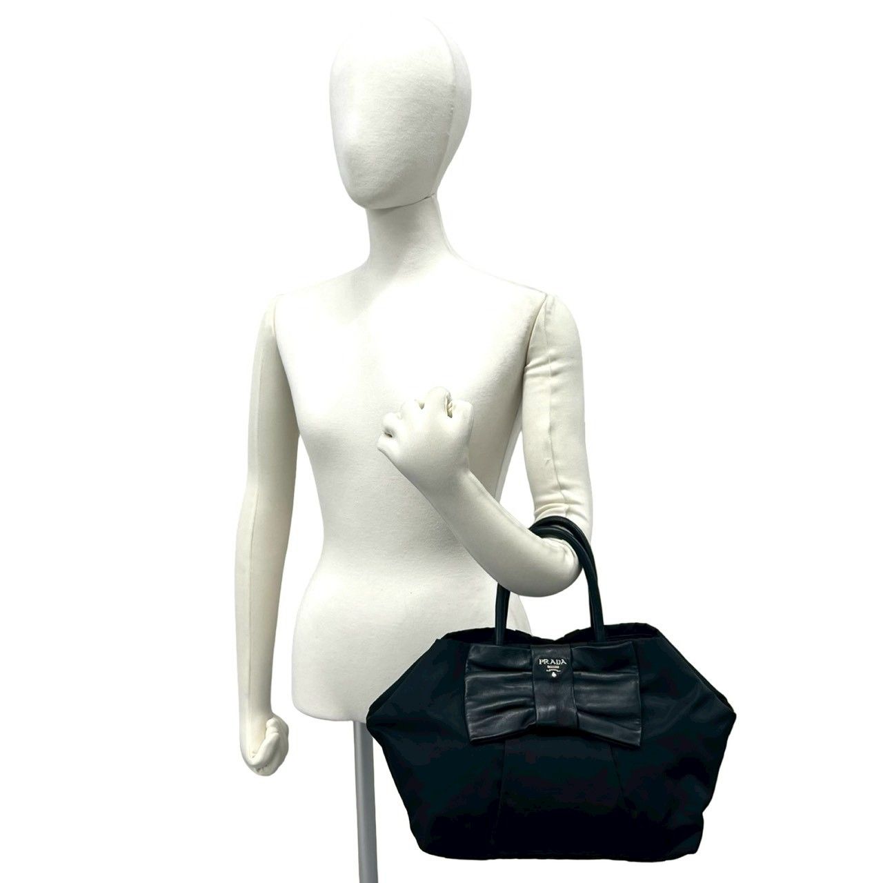 Prada Logo Tessuto Nylon Ribbon Motif Leather Tote Black — view 2