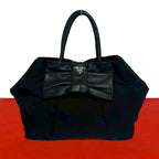 Prada Logo Tessuto Nylon Ribbon Motif Leather Tote Black