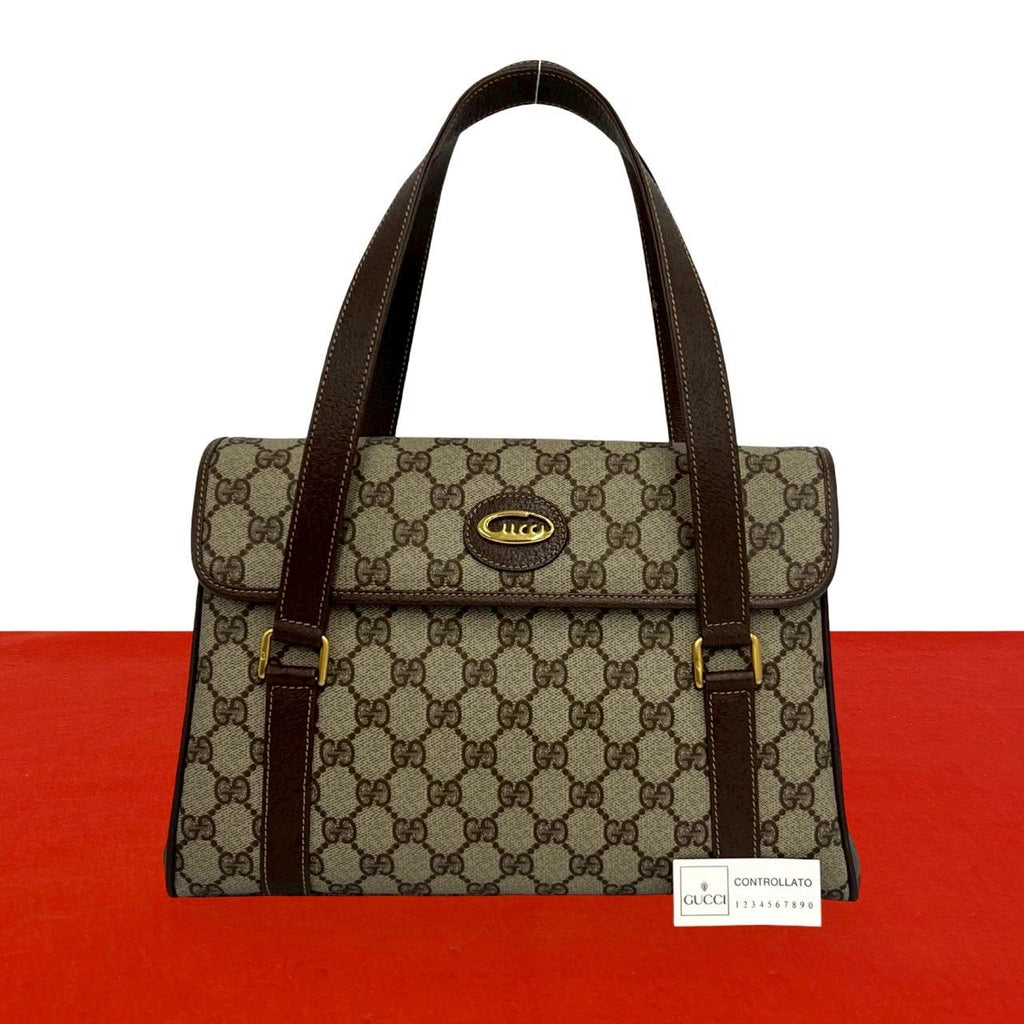 Gucci Vintage GG Pattern Logo Leather Tote Shoulder Bag Brown