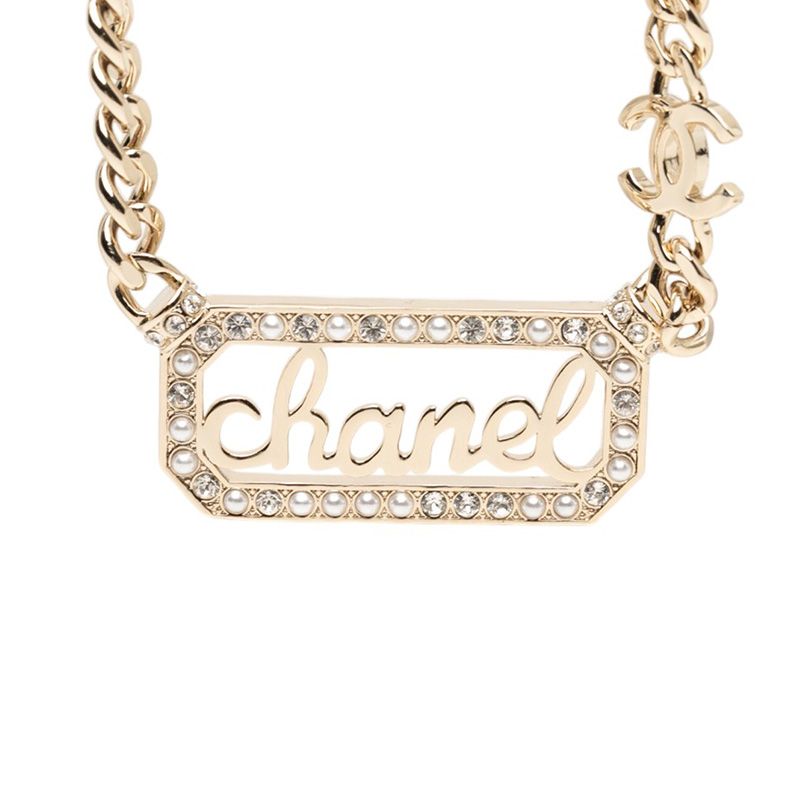 Chanel Vintage Logo Chain Necklace Gold Plated Faux Pearl Rhinestone