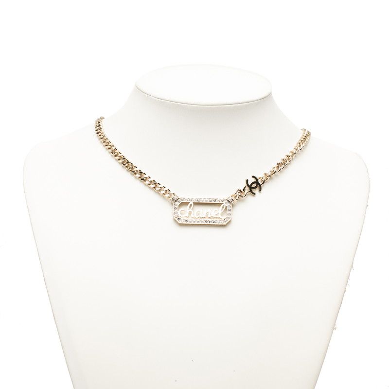 Chanel Vintage Logo Chain Necklace Gold Plated Faux Pearl Rhinestone
