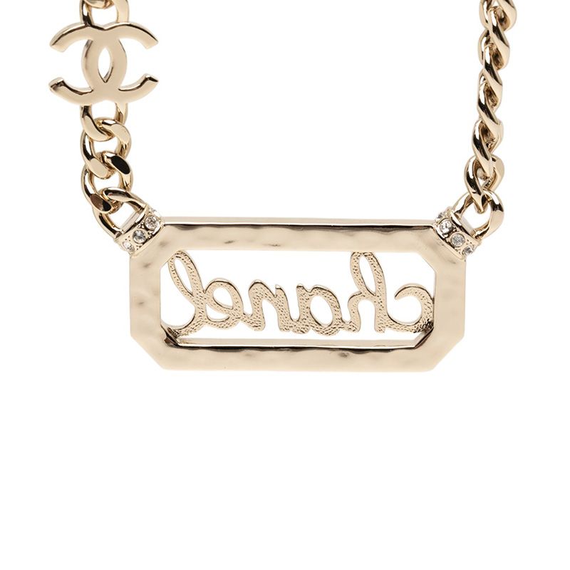Chanel Vintage Logo Chain Necklace Gold Plated Faux Pearl Rhinestone