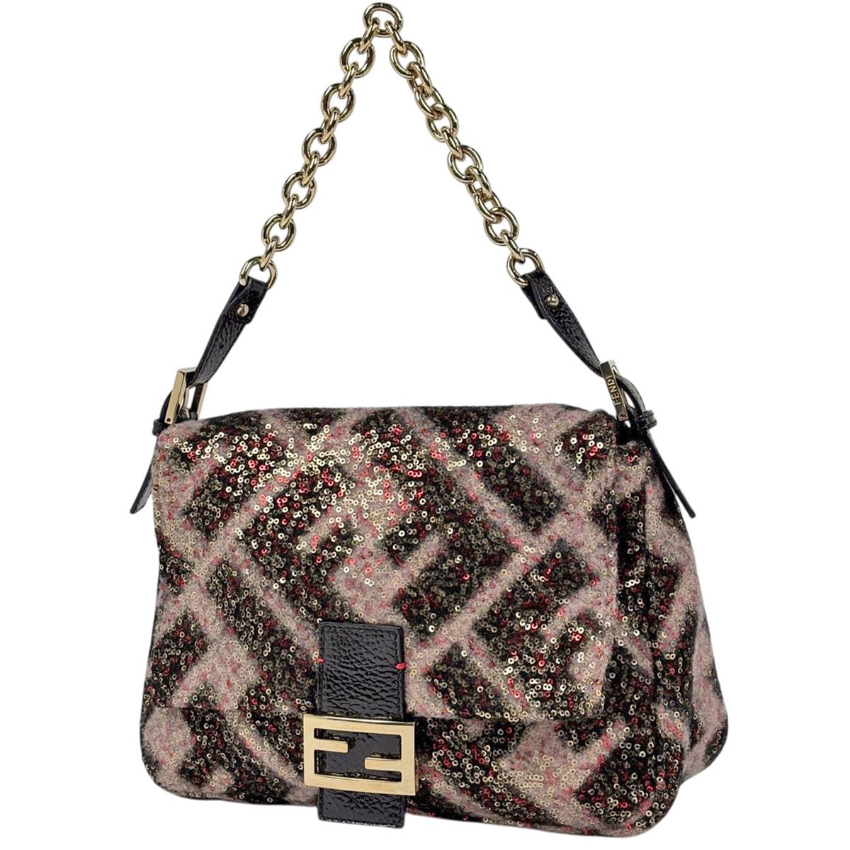 Fendi Zucca Pattern Mamma Bucket Sequin Shoulder Wool Pink Black