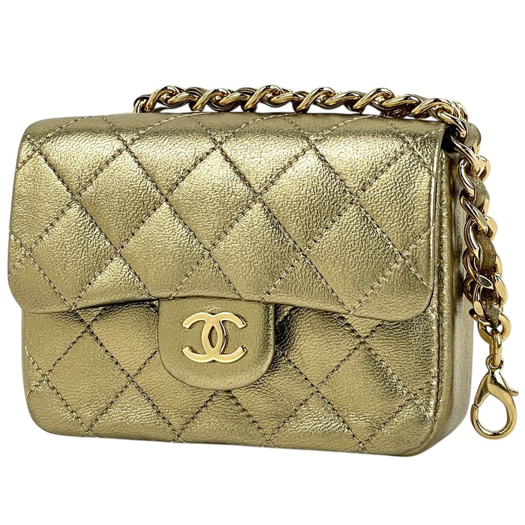 Chanel CC Logo Chain Pouch Mini Quilted Charm Leather Gold