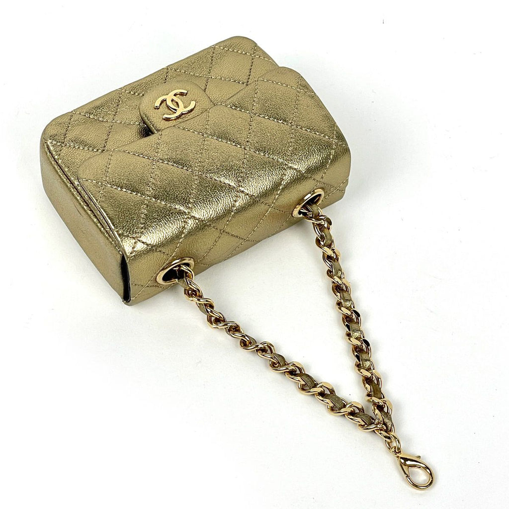 Chanel CC Logo Chain Pouch Mini Quilted Charm Leather Gold — view 7