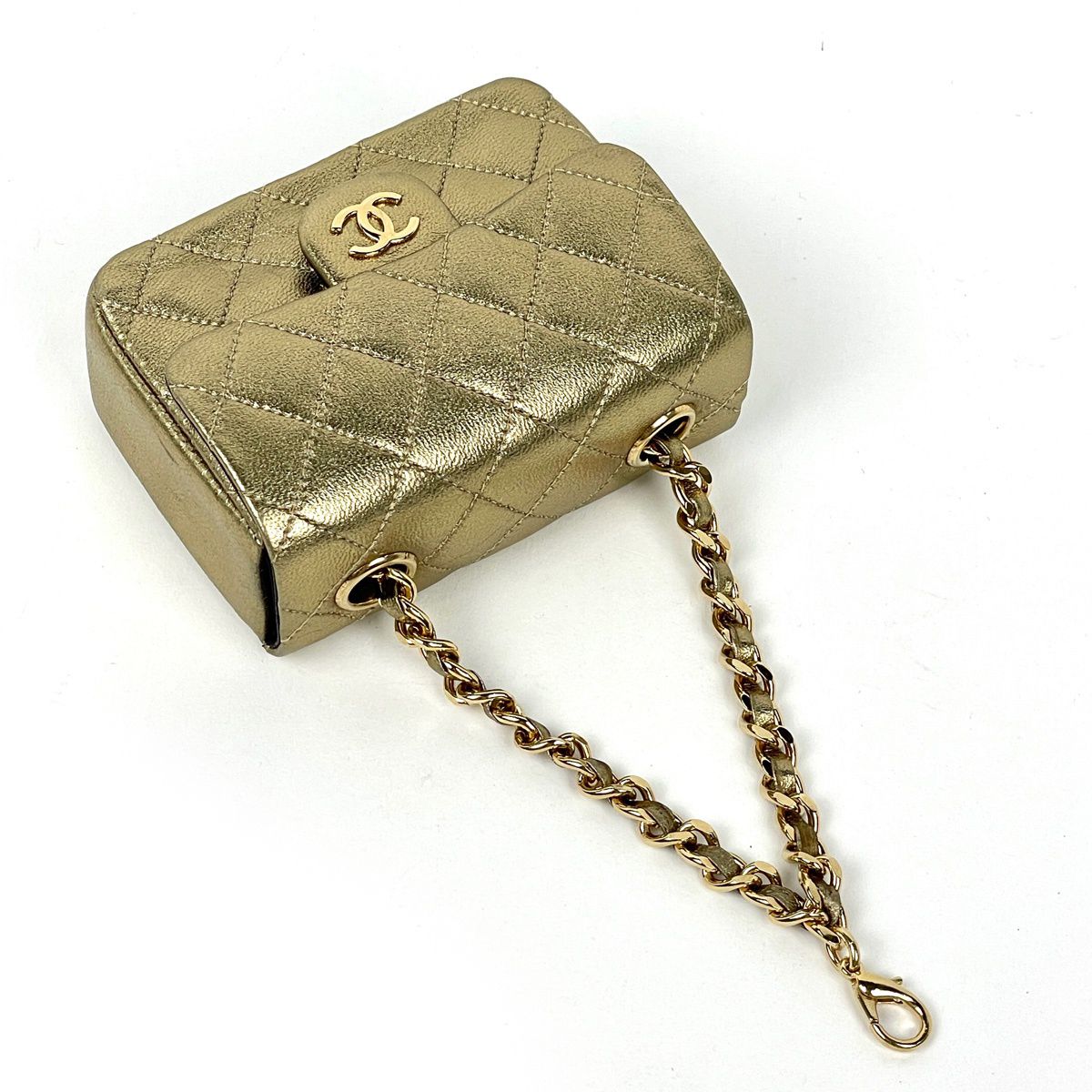 Chanel CC Logo Chain Pouch Mini Quilted Charm Leather Gold — view 7