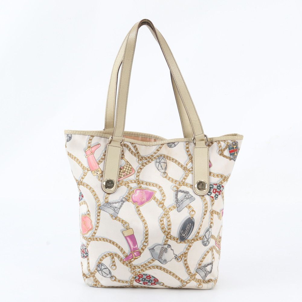 Gucci Chain Pattern Leather Nylon Tote Shoulder Hand — view 3