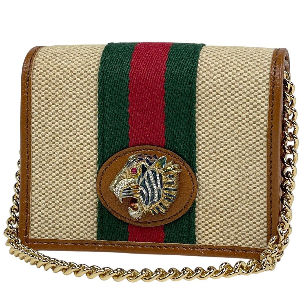 Gucci Rajah Chain Wallet Sherry Line Tiger Rhinestone Fabric Beige Shoulder