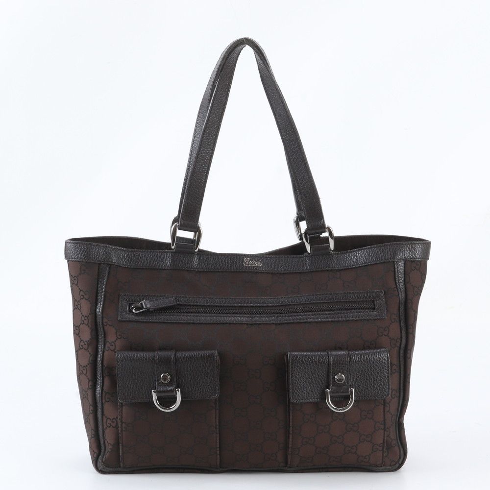 Gucci GG Nylon Abbey Tote Shoulder Hand Leather Brown