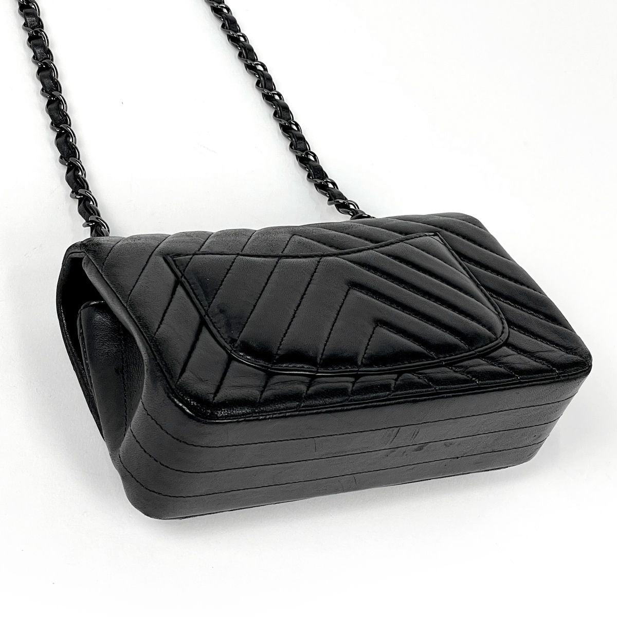 Chanel Stitch Chain Shoulder Bag CC Logo Blanc Leather Black — view 2