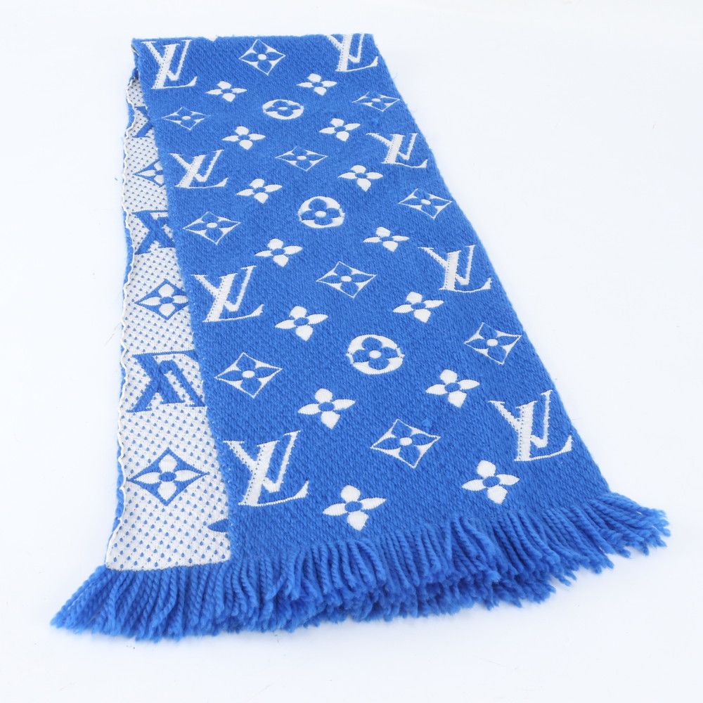 Louis Vuitton Tag Echarpe Logo Mania Silk Monogram Blue Scarf