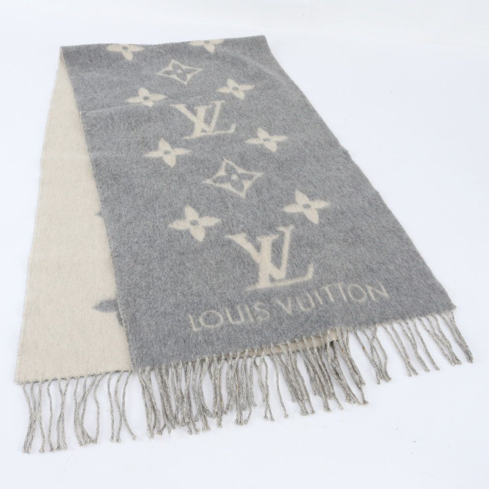 Louis Vuitton Tag Echarpe Reykjavik Cashmere 100% Monogram Fringe Scarf Gray
