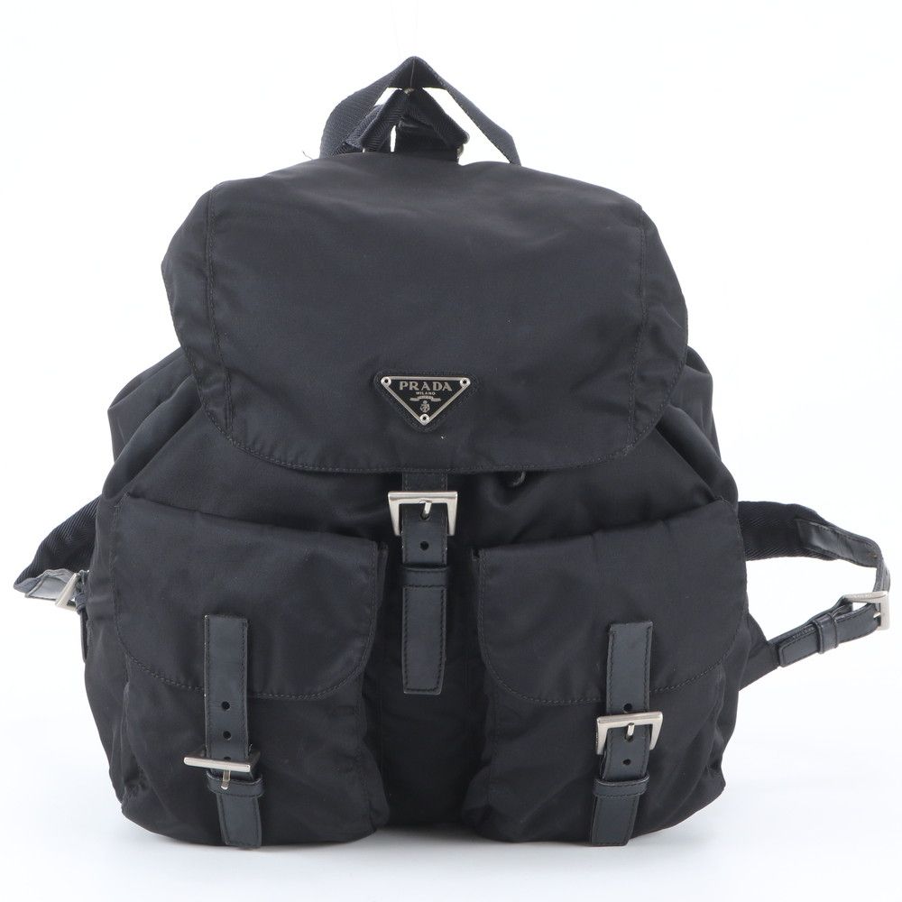 Prada Tessuto Nylon Triangle Logo Leather Backpack Black